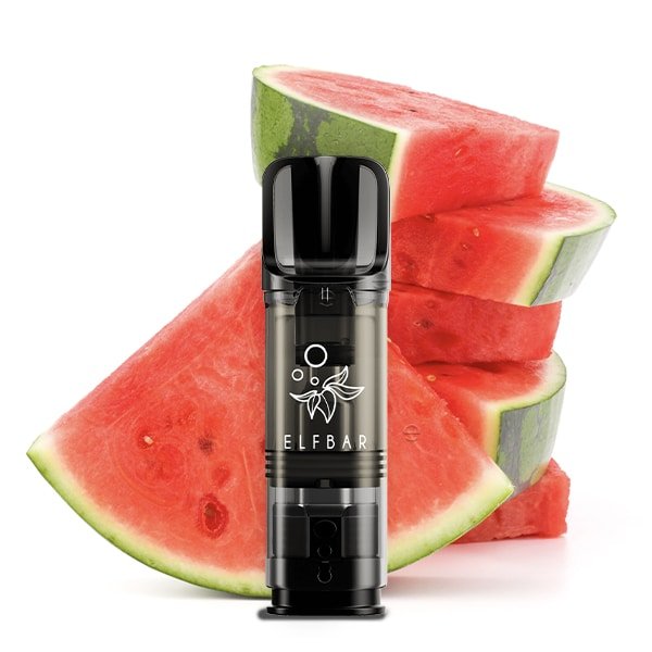 ElfBar ELFA Pods Watermelon vor frischen Wassermelonenstücken – vorgefüllter Pod mit Wassermelonen-Aroma
