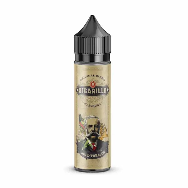 lasche Sigarillo Bold Tobacco Aroma – E-Liquid im 60ml Design mit schwarzem Tropfverschluss und klassischem Vintage-Etikett