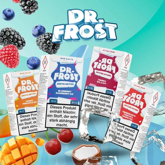 Banner mit Dr. Frost Arctic Liquidflaschen und Früchten