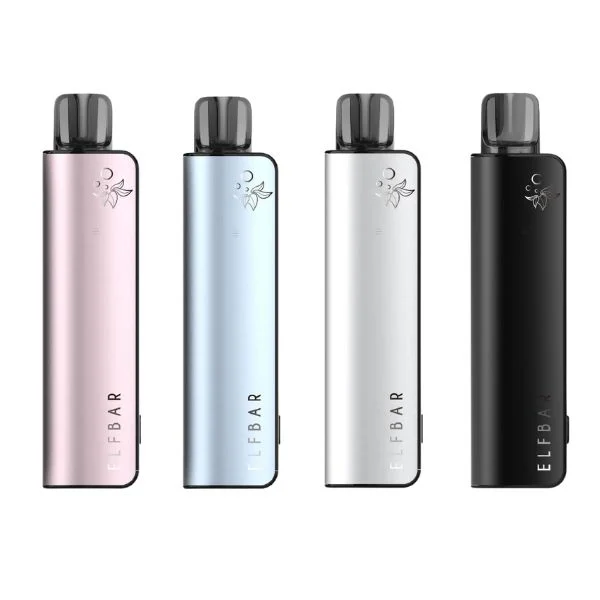 ElfBar ELFA Master Pod Kits in allen verfügbaren Farben: Eine Reihe von ElfBar ELFA Master Pod Kits in verschiedenen Farben, wie Schwarz, Silberm Hellblau und Pink, ordentlich nebeneinander aufgestellt.