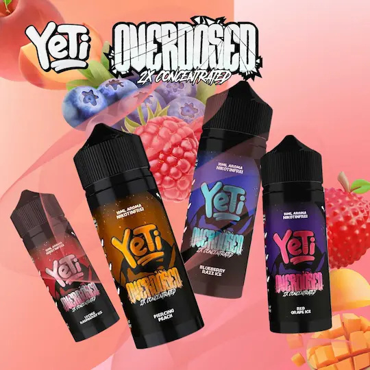 Banner mit YETI Overdosed Longfill Aromen und Früchten