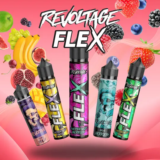 Banner mit Revoltage Longfill Aromen und Früchten