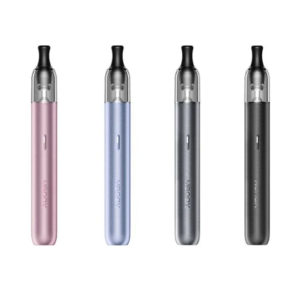 Vier Geekvape Wenax M2 Pod Kits in unterschiedlichen Farben im Pen-Style-Design, stehend nebeneinander mit sichtbarem Pod und Mundstück.