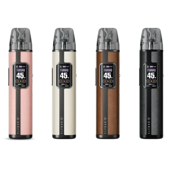 ElfBar ELFX Pro Pod Kit in vier Farbvarianten: Rosa, Weiß, Braun und Schwarz mit integriertem Farbdisplay.