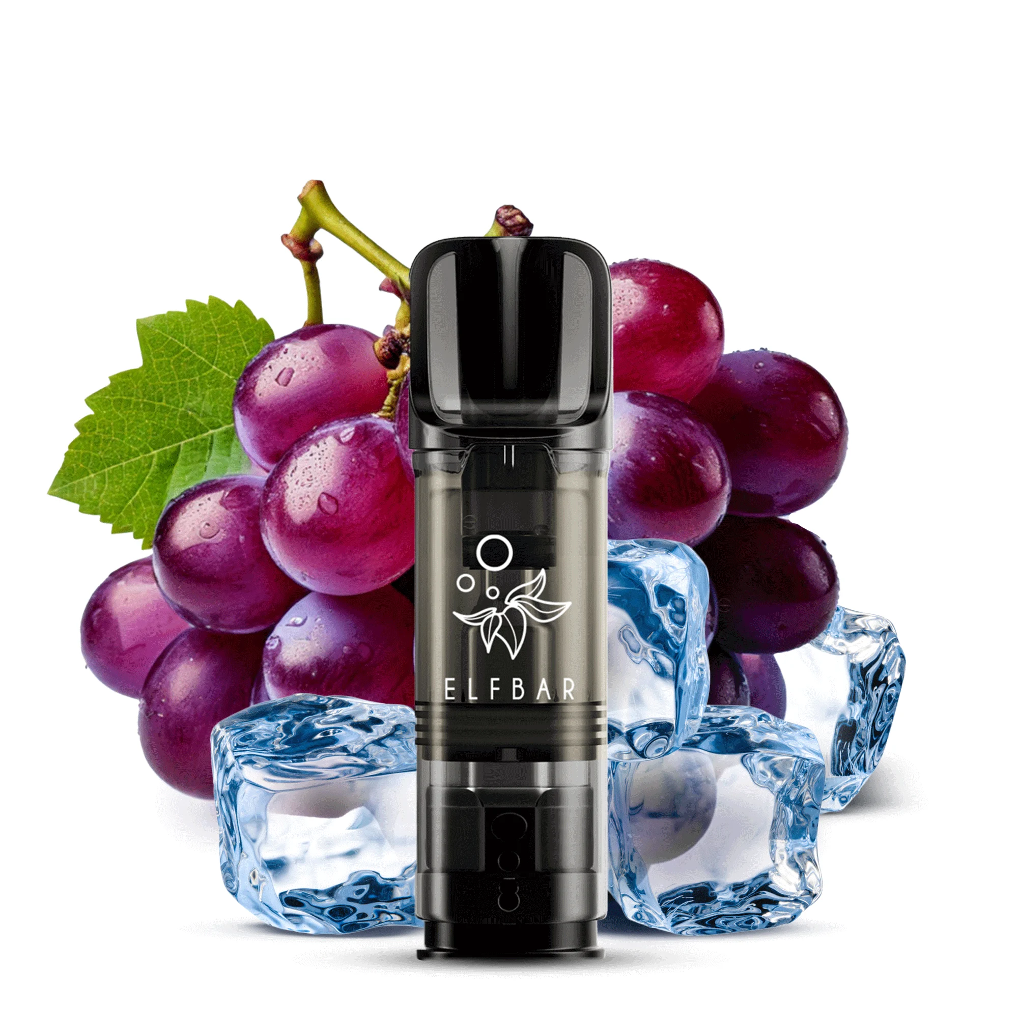 ElfBar ELFA Pods Grape Ice mit roten Trauben und Eiswürfeln