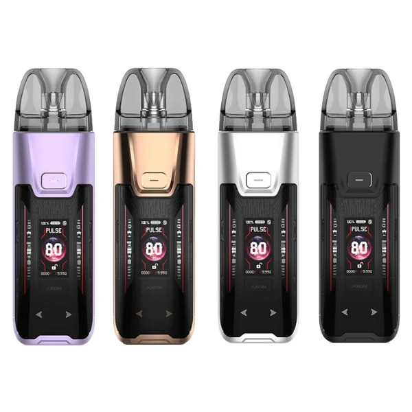 Vier Vaporesso Luxe XR Max 2 Pod Kits in verschiedenen Farben: Lila, Gold, Silber und Schwarz
