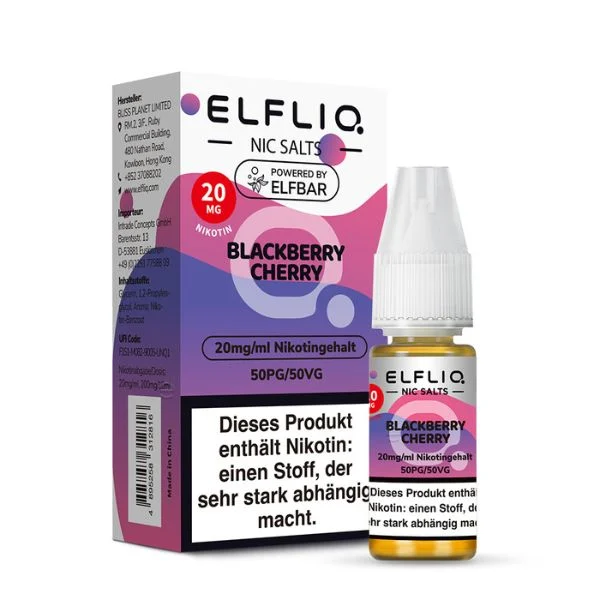 ElfBar ELFLIQ Liquid Blackberry Cherry 20 mg Nikotinsalz – Flasche und Originalverpackung