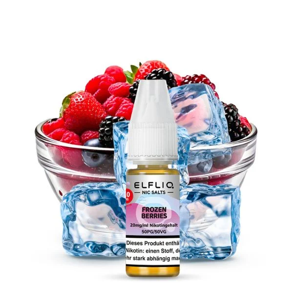 ElfBar ELFLIQ Liquid Frozen Berries Nikotinsalz – 10 ml Flasche vor Beerenmix und Eiswürfeln