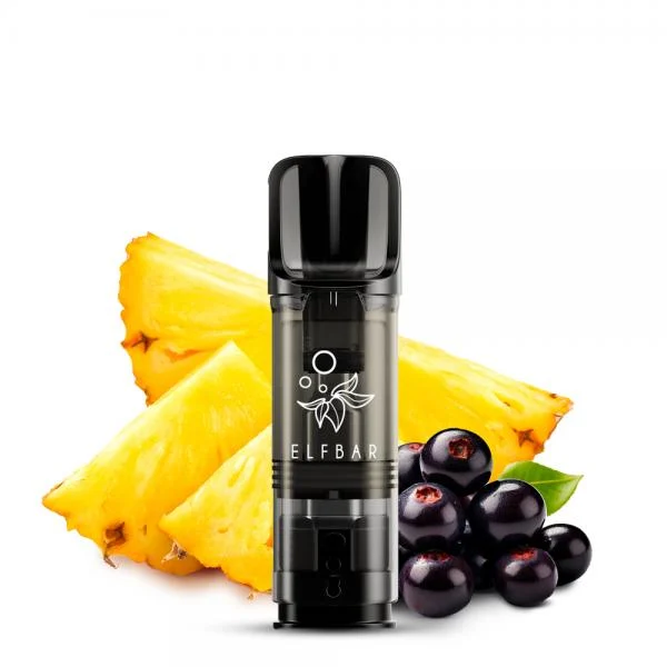 ElfBar ELFA Pod Pineapple Acai mit frischer Ananas und Açaí-Beeren im Hintergrund