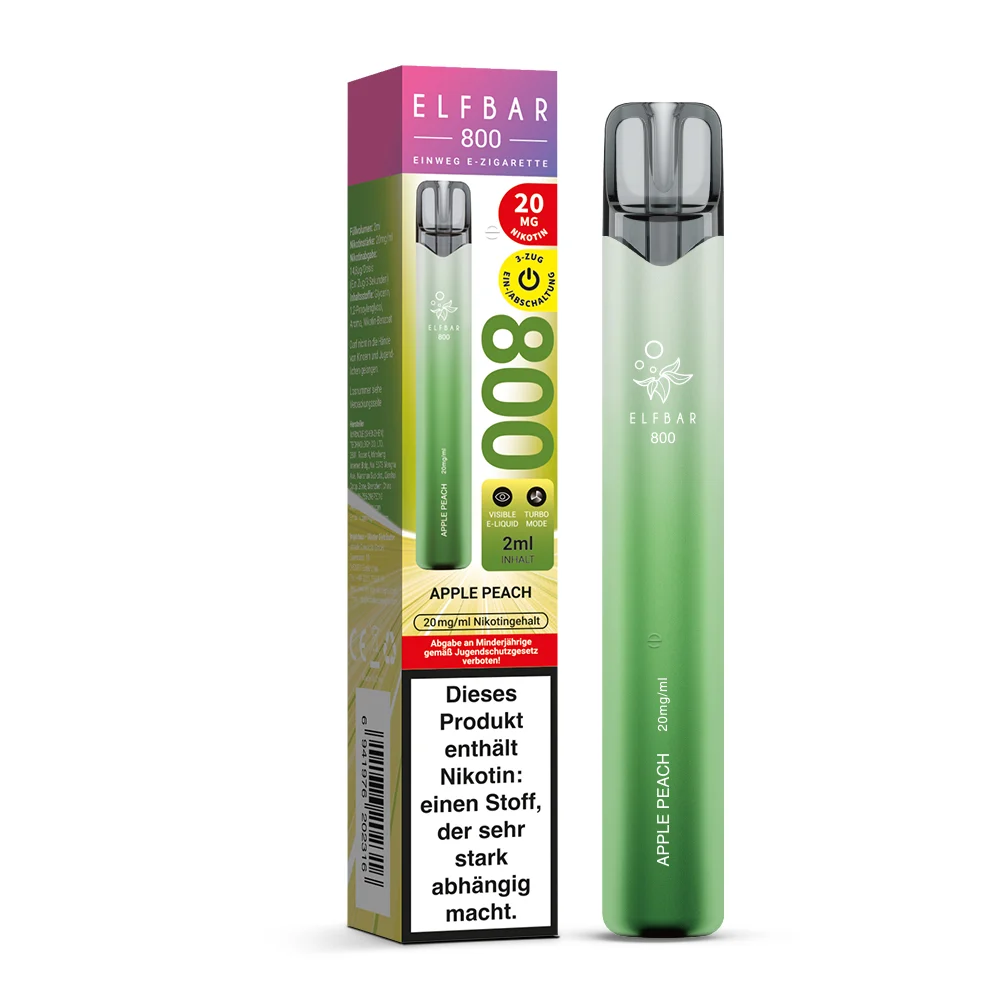 ElfBar 800 Apple Peach Vape mit Originalverpackung in Grün und Pink.