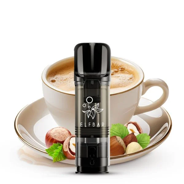 ElfBar ELFA Pod Hazelnut Coffee vor einer Kaffeetasse mit Haselnüssen