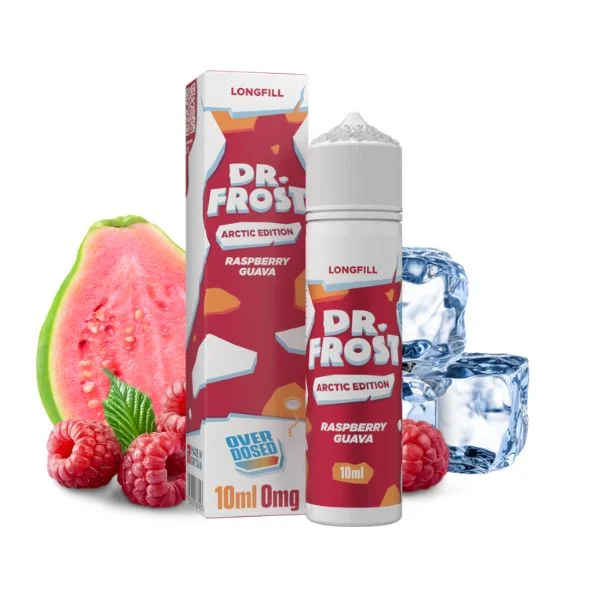 Dr. Frost Arctic Raspberry Guava Longfill Aroma mit Himbeeren, Guave und Eiswürfeln vor hellem Hintergrund